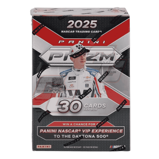 A box of 2025 Panini Prizm NASCAR trading cards, featuring a driver graphic and red, black, and silver packaging.