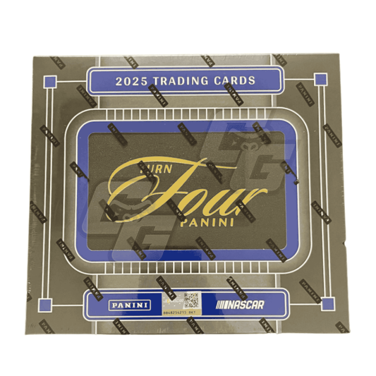 Panini 2025 Trading Cards NASCAR booster box front, featuring a gold and blue design with a central window showing the Panini Four Panini logo.