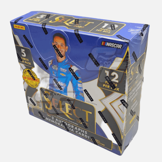 A sealed Panini Select 2025 NASCAR Memorabilia Card Box featuring a blue and gold design with a NASCAR driver graphic on the front, photographed on a light gray background.