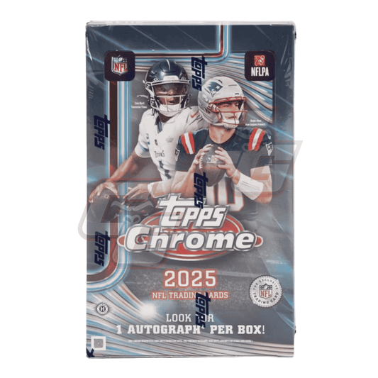 A sealed 2025 Topps Chrome NFL trading cards box featuring two football players on the front, with Topps and NFL logos visible, photographed against a plain white background.
