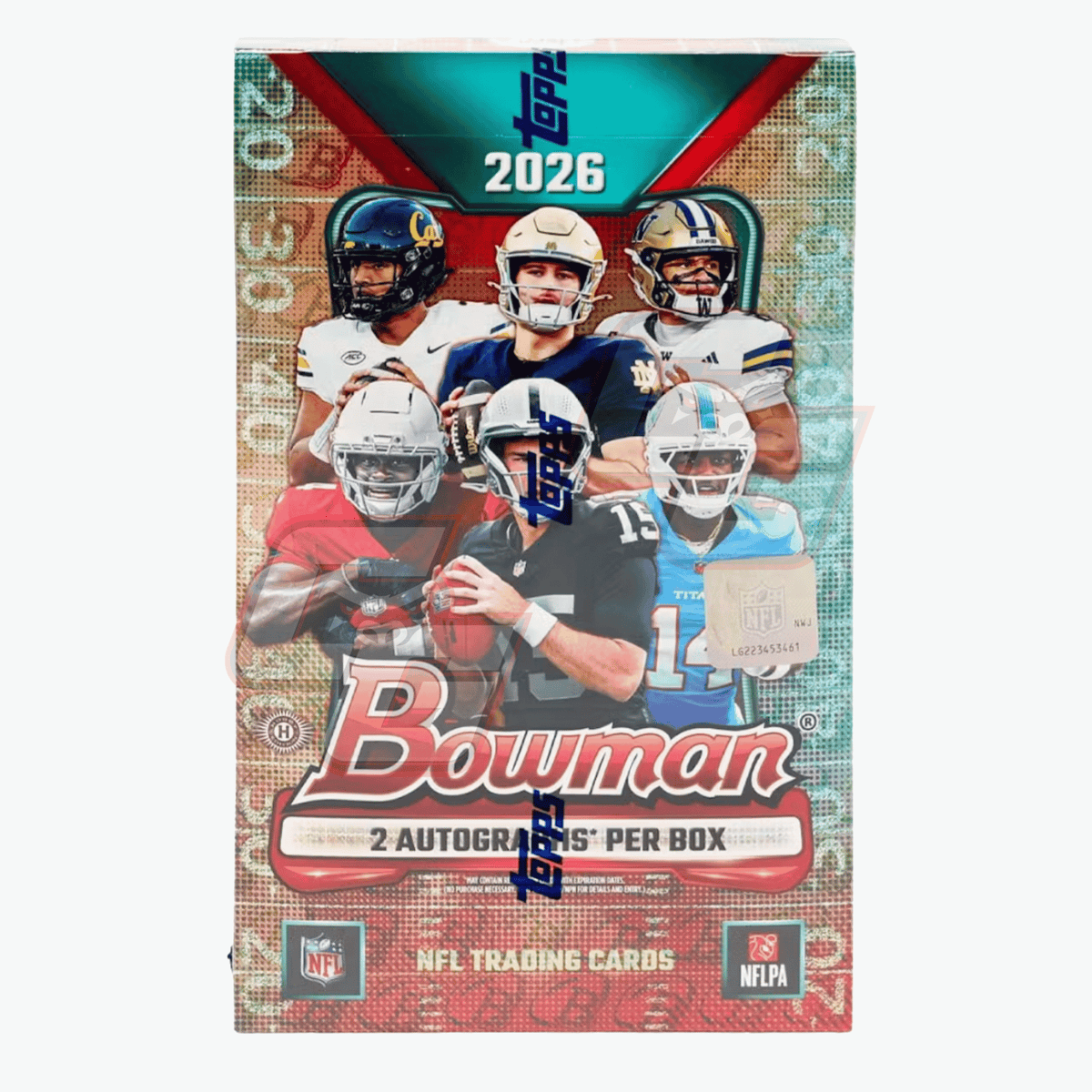A boxed collection of 2026 NFL trading cards featuring the Bouman brand, with a collage of football players on the front and NFL and NFLPA logos at the bottom.