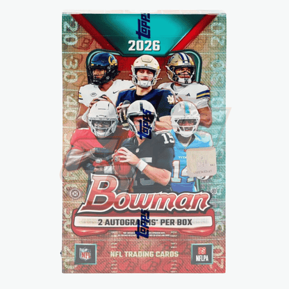 A boxed collection of 2026 NFL trading cards featuring the Bouman brand, with a collage of football players on the front and NFL and NFLPA logos at the bottom.