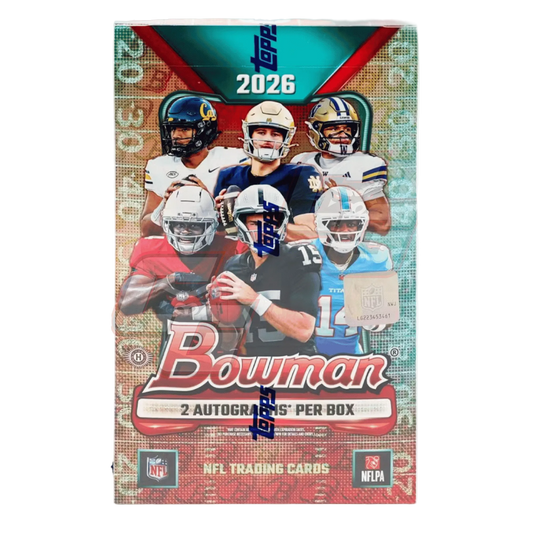 A boxed collection of 2026 NFL trading cards featuring the Bouman brand, with a collage of football players on the front and NFL and NFLPA logos at the bottom.
