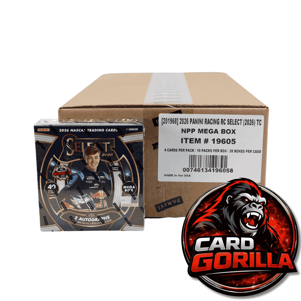A 2026 NPP Racing RC Select trading card mega box displayed in front of its shipping carton, with a Card Gorilla logo overlay in the bottom right corner.