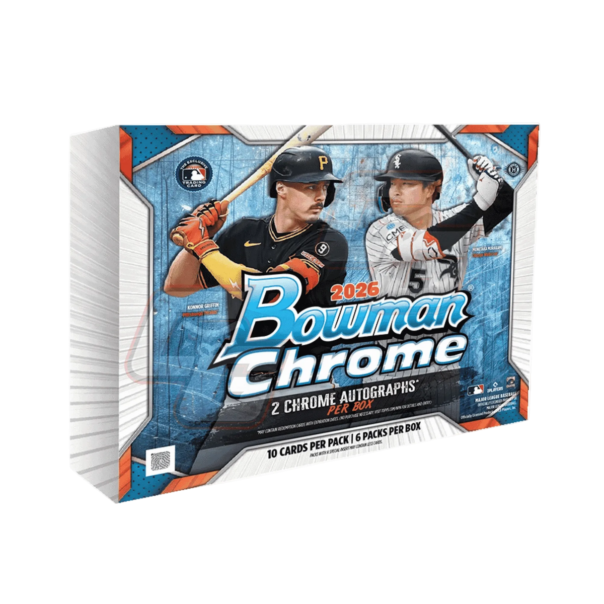 A 2026 Bowman Chrome Gold Top baseball trading card box shown at a three-quarter angle on a plain white background. The box features baseball players, prominent 'Bowman Chrome' branding, and MLB and Nike logos.