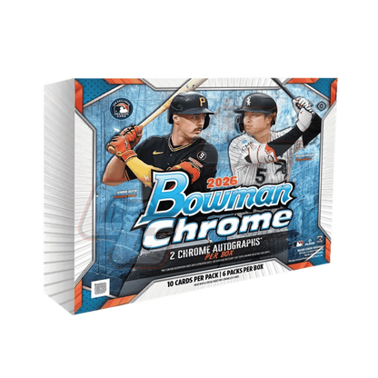 A 2026 Bowman Chrome Gold Top baseball trading card box shown at a three-quarter angle on a plain white background. The box features baseball players, prominent 'Bowman Chrome' branding, and MLB and Nike logos.