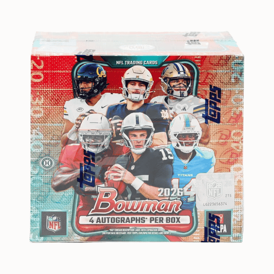 A boxed NFL trading card product labeled 'Bowman 2026' with football player photos on the front, an NFL shield logo, and a white sticker indicating 4 autographs per box.