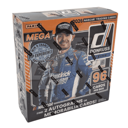 A Panini 2026 NASCAR Trading Cards Mega Box featuring Hendrickson Motorsports driver Chase Briscoe, with orange, black, and blue packaging.