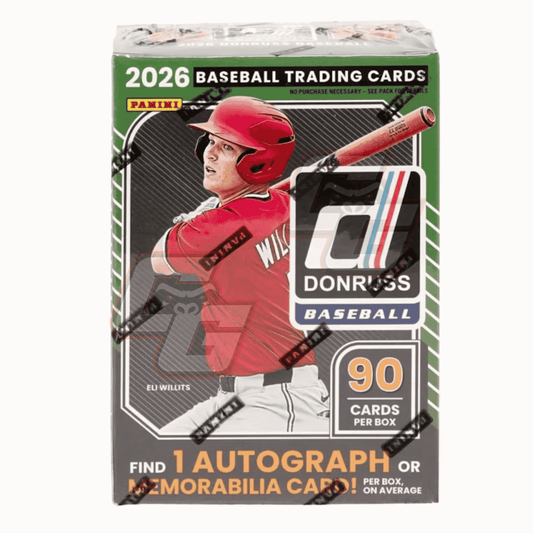 Panini 2026 Donruss Baseball trading cards box featuring a baseball player on the front, with text indicating 90 cards per box and a 1 autograph or memorabilia card on average.