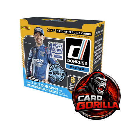 Donruss Racing 2026 NASCAR trading cards packaging with a driver image and Card Gorilla logo.