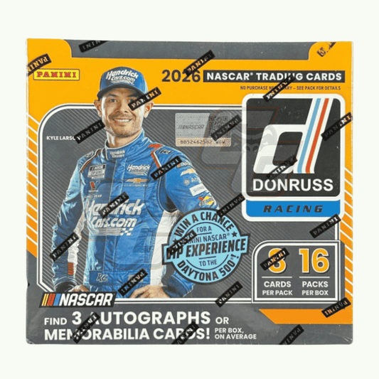 Panini 2026 NASCAR Trading Cards box featuring Kyle Larson on the front, with NASCAR and Donruss Racing branding, set against a plain white background.