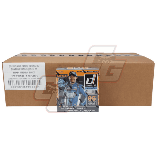 A brown cardboard Panini Racing RC NPP Mega Box with a white shipping label on the left side, and a small 2026 Tapis-Goodyear racing card displayed in front of the box.