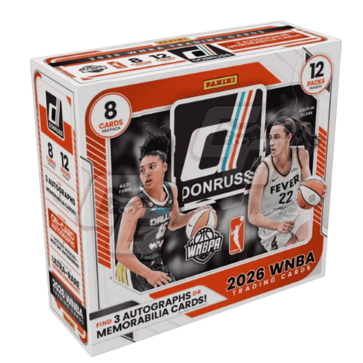Panini 2026 WNBA Trading Cards booster box featuring basketball player Sabrina Ionescu on the front packaging, with orange, white, and black color scheme and text indicating 8 cards per sleeve and 12 inserts per box.