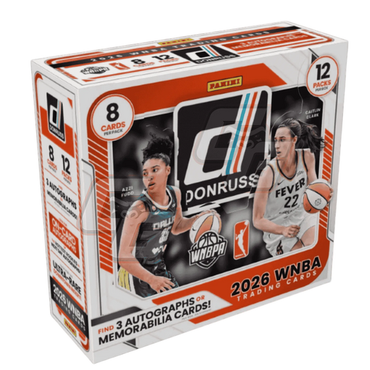 Panini 2026 WNBA Trading Cards booster box featuring basketball player Sabrina Ionescu on the front packaging, with orange, white, and black color scheme and text indicating 8 cards per sleeve and 12 inserts per box.