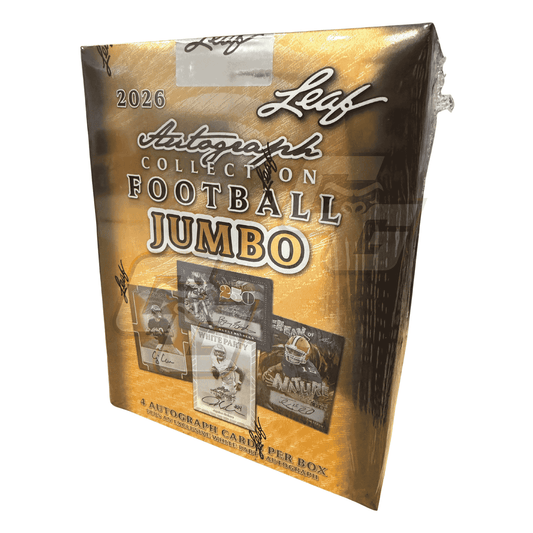 A sealed 2026 Leaf Autograph Collection Football Jumbo card box in gold packaging, shown at an angle on a plain white background.
