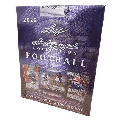 A 2026 Leif Autograph Collection Football trading card box, featuring a textured purple and blue cover with images of football players and autograph card examples, photographed on a light gray background.