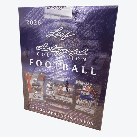 A 2026 Leif Autograph Collection Football trading card box, featuring a textured purple and blue cover with images of football players and autograph card examples, photographed on a light gray background.