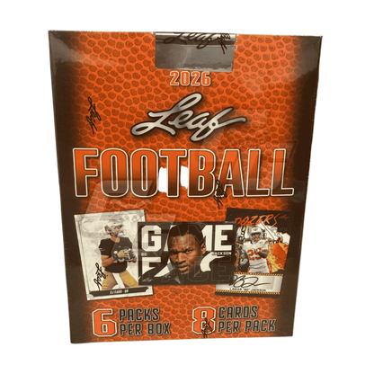 A 2026 Leaf Football trading card box on a plain white background. The packaging features a textured orange football pattern background with 'Leaf Football' in large stylized lettering, '2026' at the top, and sample player cards shown on the front.