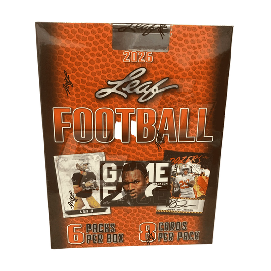 A 2026 Leaf Football trading card box on a plain white background. The packaging features a textured orange football pattern background with 'Leaf Football' in large stylized lettering, '2026' at the top, and sample player cards shown on the front.
