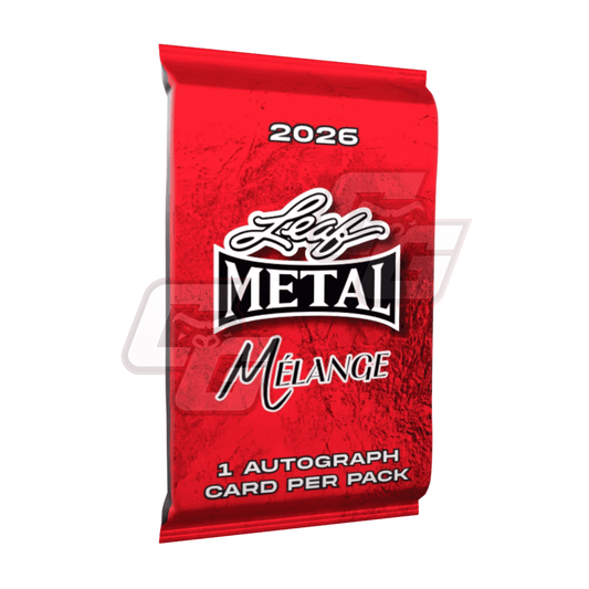 A red foil pack of Leaf Metal Melange 2026 trading cards, featuring a textured red background with the Leaf Metal logo in white and black, and text indicating one autograph card per pack.