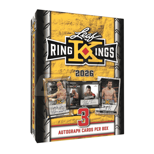 A 2026 Leaf Ring Kings autograph card box shown at a three-quarter angle on a plain white background. The box features a textured yellow and black design with the 'Leaf Ring Kings 2026' logo and three sample card images on the front.