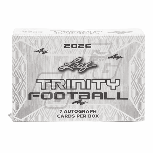 A 2025 Leaf Trinity Football 7-card autograph box, featuring a textured silver and white design with black and gray text, shown on a plain white background.