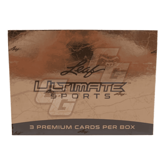 A Leaf Ultimate Sports trading card booster box with a metallic bronze and brown textured design, featuring the 'Leaf' logo and 'ULTIMATE SPORTS' branding, on a plain white background.