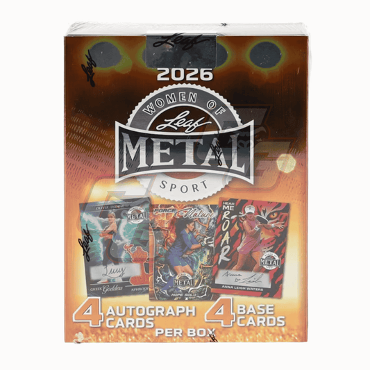 A 2026 Women of Leaf Metal Sport trading card booster box, featuring a metallic bronze and gold design with three sample card previews on the front.