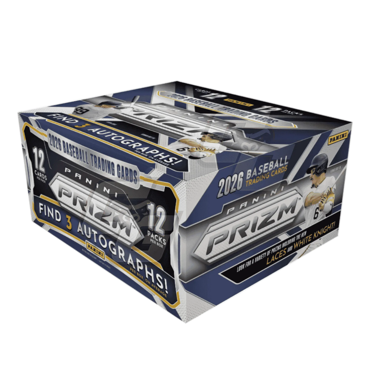 Panini Prizm 2026 Baseball Trading Cards 12-pack box, featuring a metallic silver and navy blue design with gold accents and a baseball player graphic on the side.