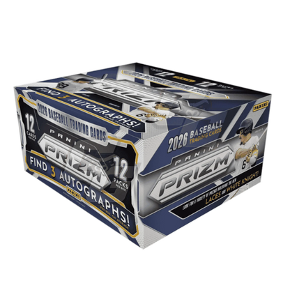 Panini Prizm 2026 Baseball Trading Cards 12-pack box, featuring a metallic silver and navy blue design with gold accents and a baseball player graphic on the side.