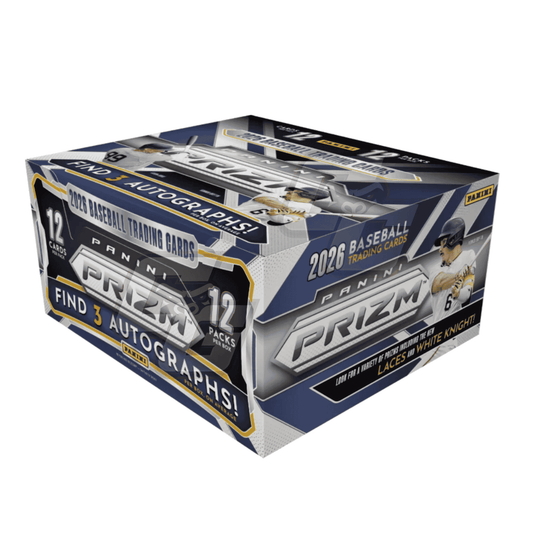 Panini Prizm 2026 Baseball Trading Cards 12-pack box, featuring a metallic silver and navy blue design with gold accents and a baseball player graphic on the side.