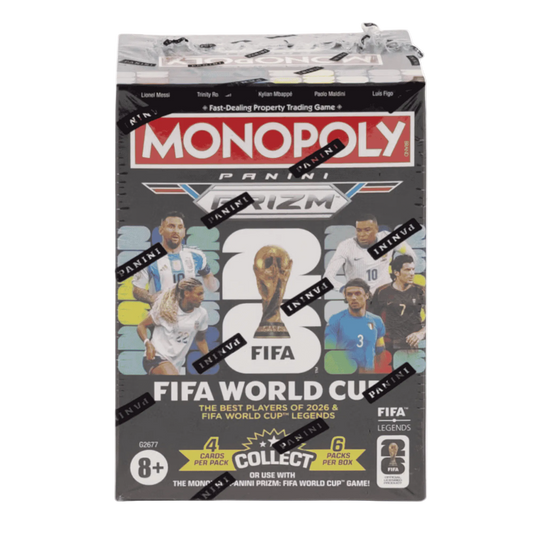Panini Monopoly FIFA World Cup 2026 collectible trading card box on a plain white background.