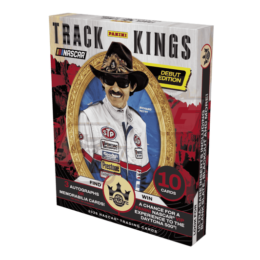 Panini Mini NASCAR Track Kings Debut Edition trading card box featuring NASCAR driver Richard Petty, with promotional text and a gold oval frame illustration on the front.