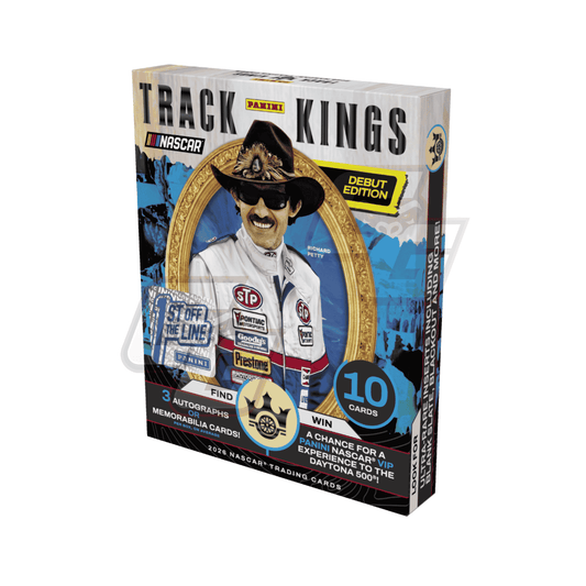 Panini Track Kings NASCAR Debut Edition trading card box, featuring a stylized portrait of Jimmie Johnson with a gold frame and blue mountain background on the front.