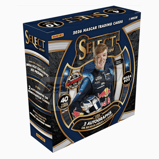 Panini Select 2026 NASCAR Trading Cards Mega Box, featuring a dark blue and gold design with a Red Bull logo and a driver graphic on the front.