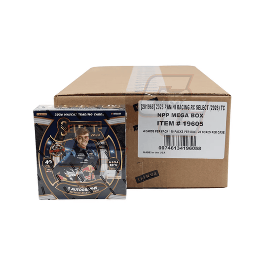 A large brown cardboard shipping box with a white label reading 'NPP MEGA BOX' and a smaller Panini Racing RC Select trading card box placed in front on a plain white background.
