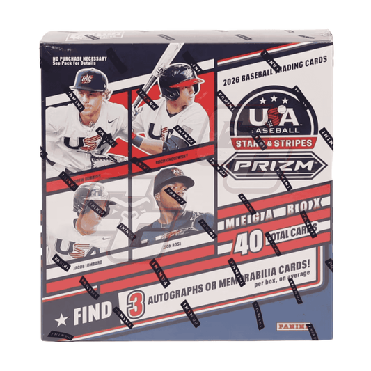 A boxed 2026 USA Baseball Stakes & Stripes Prizm trading card box by Panini, featuring baseball player photos and red, white, and navy graphics.