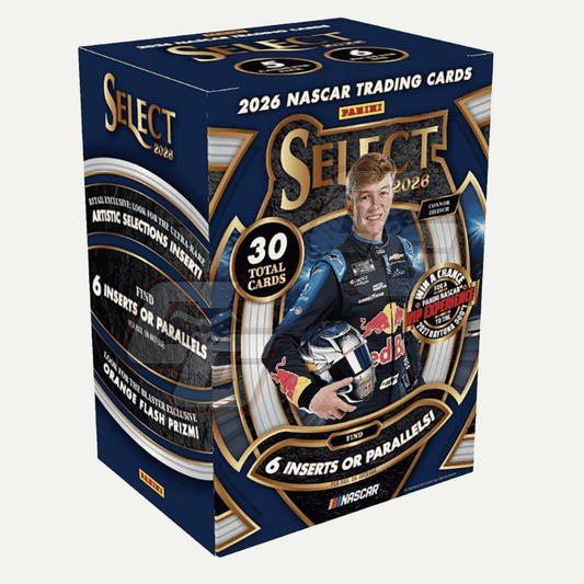 Panini Select 2026 NASCAR Trading Cards box, featuring a dark blue and gold design with a photo of race driver Red Bull Racing driver Alex Stroll on the front, set against a light gray background.