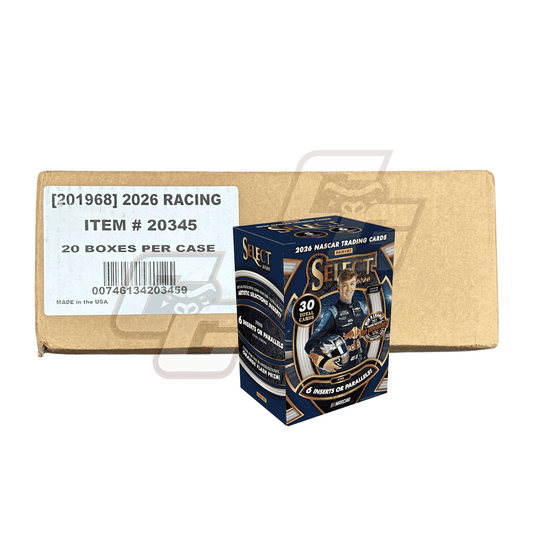 A retail display case containing 20 boxes of 2026 Racing Select trading cards, with one open box displaying a stack of cards in the foreground. The display case is brown cardboard, and the individual boxes are dark blue and gold.