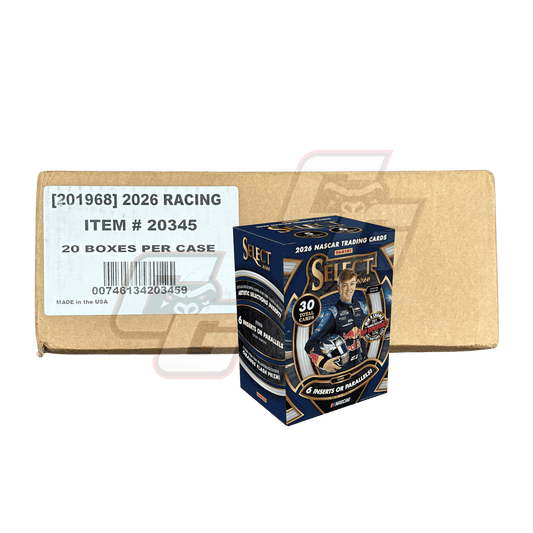 A box of 2026 Racing Select 2026 NASCAR Trading Cards displayed in front of its shipping carton on a white background.