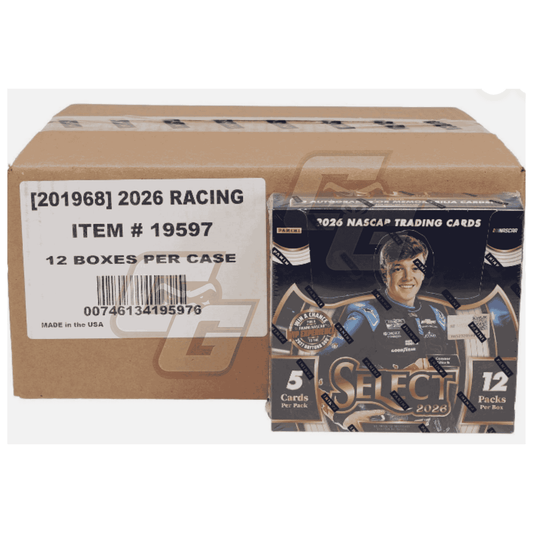 A large brown cardboard shipping box with a white label reading '2026 RACING ITEM # 19597 12 BOXES PER CASE' next to a sealed 2026 NASCAR trading cards Select box pack on a white background.