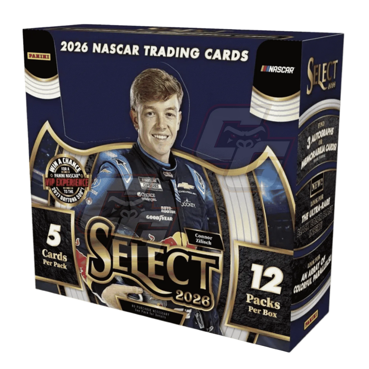 A box of 2026 NASCAR trading cards, specifically a Panini Select 2028 NASCAR trading card box. The packaging is dark blue and black with gold accents, featuring a photo of race car driver Austin Dillon on the front.