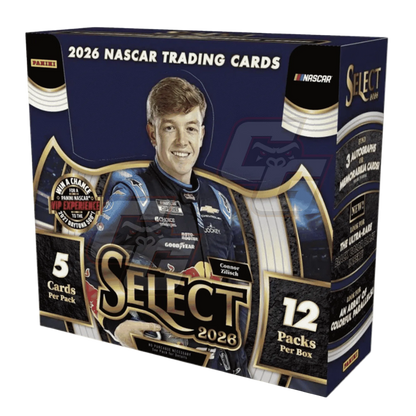 A box of 2026 NASCAR trading cards, specifically a Panini Select 2028 NASCAR trading card box. The packaging is dark blue and black with gold accents, featuring a photo of race car driver Austin Dillon on the front.