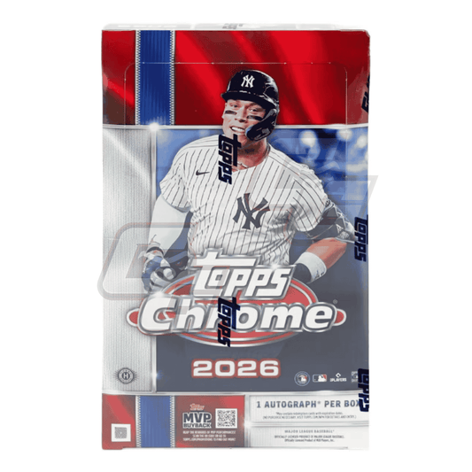 Topps Chrome 2026 baseball trading card booster box featuring a New York Yankees player on the front, with red, white, and blue patriotic design elements.