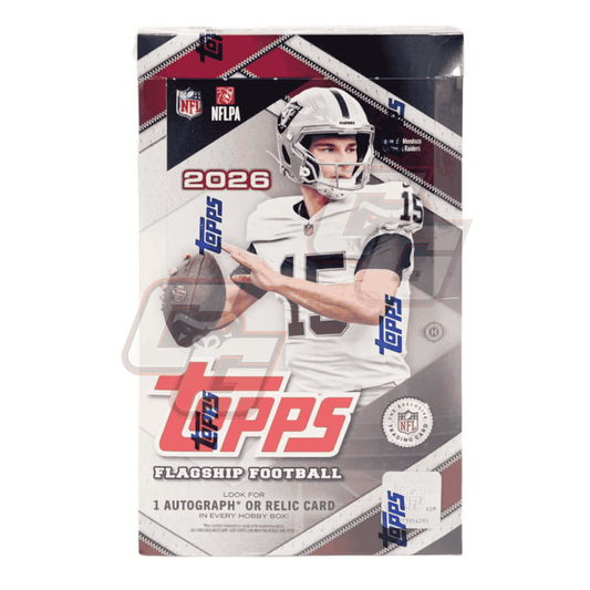 A sealed 2026 Topps NFL Football trading card box featuring a printed image of a football player in a white and black uniform. The box has a glossy finish with visible reflections and a large red and blue Topps logo on the front.