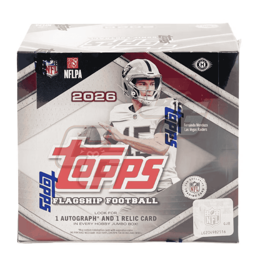 A 2026 Topps Football trading card booster box on a clean white background. The packaging features a silver and black diagonal design with a photo of a football player, the large red and blue 'Topps' logo, and NFL and NFLPA logos.