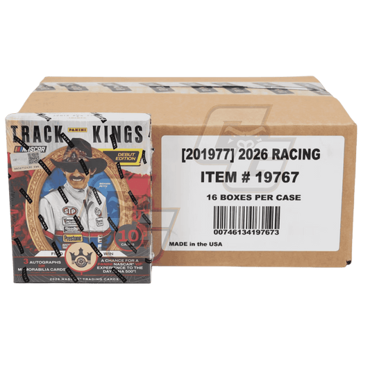 A large brown cardboard shipping box with a white label reading '2026 RACING ITEM # 19767' and a smaller printed insert card in front showing NASCAR branding and racing graphics.