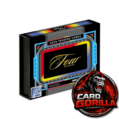 Panini Turn Four 2026 Trading Cards mini box shown at an angle with a circular Card Gorilla logo overlay on a plain white background.