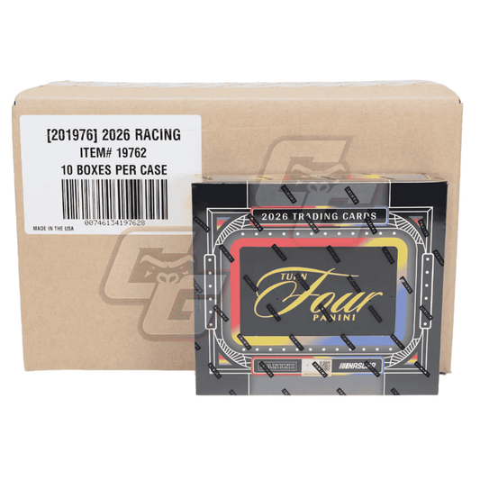 A Panini 2026 Racing Trading Cards case box displayed in front of its larger brown cardboard shipping carton. The front box features the Panini Four brand logo in gold script over a black background with red, yellow, and blue accents, and is sealed with black plastic shrink wrap.