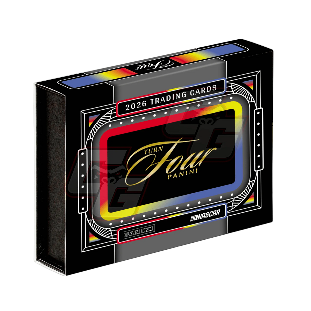 Panini Turn Four 2026 Trading Cards booster box packaging, featuring a black background with a colorful central graphic and gold 'Turn Four Panini' script.